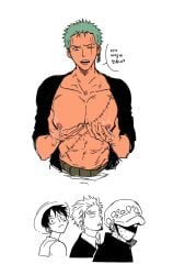 4boys big_pecs chest facial_scar green_hair holding_pecs lactation male male_lactation male_only monkey_d_luffy muscular muscular_male nok_1 one_eye_closed one_piece open_clothes pec_grab pec_grasp pecs post-timeskip roronoa_zoro scar scar_across_eye shaded_face surprised trafalgar_law vinsmoke_sanji