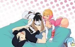 1boy 2girls black_hair black_lingerie blonde_hair blowjob breasts_out cecil_(marvel) clothed_sex eduardo_squidwardo forced_oral grey_skin gwen_poole gwenpool gwenpool_(series) laying_down laying_on_bed looking_at_another looking_pleasured marvel marvel_comics on_bed pink_hair terrible_eye_(marvel) thesquiddycipher