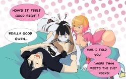 1boy 2girls black_hair black_lingerie blonde_hair blowjob breasts_out cecil_(marvel) clothed_sex dialogue eduardo_squidwardo forced_oral grey_skin gwen_poole gwenpool gwenpool_(series) laying_down laying_on_bed looking_at_another looking_pleasured marvel marvel_comics on_bed pink_hair straight terrible_eye_(marvel) thesquiddycipher