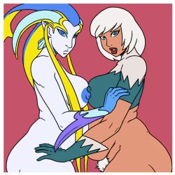 2girls ass belly_to_belly big_ass big_breasts blue_areola blue_eyes bottomless breasts breasts_to_breasts dc doomington eastern_and_western_character female female_only final_fantasy final_fantasy_viii green_eyes hand_on_arm hand_on_hip ice_(dc) interspecies looking_at_viewer multiple_girls pale_skin pubic_hair shiva_(final_fantasy) slightly_chubby tora_olafsdotter white_hair yuri