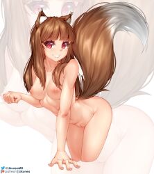 1girls animal_humanoid ass bare_shoulders blush breasts brown_body brown_fur brown_hair canid canid_humanoid canine canine_humanoid canis digital_media_(artwork) female fur genitals hair holo humanoid likunea looking_at_viewer mammal mammal_humanoid medium_breasts monster_girl_(genre) nipples nude nude_female open_mouth pussy red_eyes side_boob simple_background smile solo spice_and_wolf standing text url wolf_ears wolf_humanoid