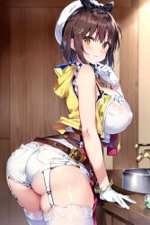 ai_generated alternate_color ass ass_focus atelier_(series) atelier_ryza atelier_ryza_3 bare_shoulders blush breasts brown_eyes brown_hair female from_behind garter_straps gloves hair_ribbon hairclip hat huge_ass large_breasts looking_at_viewer looking_back open_mouth reisalin_stout shiny shiny_clothes shiny_hair shiny_skin short_hair short_shorts shorts sideboob smile solo thick_thighs thighhighs