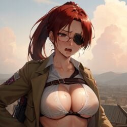 ai_generated attack_on_titan breasts drooling eyepatch hanji_zoe katsuprime stable_diffusion sweat