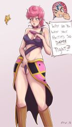 big_breasts bodyswap dressed guido_mista jojo's_bizarre_adventure jojo_no_kimyou_na_bouken larsson_(artist) panties pink_hair pussy pussy_focus slut slutty_outfit trish_una vento_aureo yurilarsson