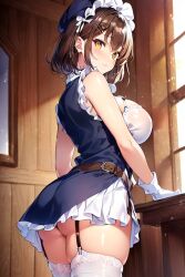 ai_generated alternate_costume apron ass ass_focus atelier_(series) atelier_ryza atelier_ryza_3 bare_shoulders blush breasts brown_eyes brown_hair dress female from_behind garter_straps gloves hairclip headdress huge_ass large_breasts looking_at_viewer maid maid_apron maid_headdress reisalin_stout shiny shiny_hair shiny_skin short_dress short_hair sideboob smile solo thick_thighs thighhighs