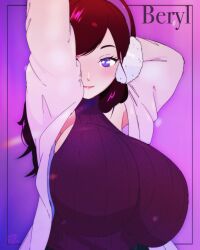 beryl_(junkpuyo) earmuffs female huge_breasts looking_at_viewer pinup purpleguyri riley_moore_(artist) tagme turtleneck