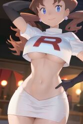 1girls ai_generated blue_eyes brown_hair caroline_(pokemon) clothing corruption earrings enemy_conversion gloves midriff milf pokemon pokemon_(anime) skirt team_rocket underboob