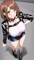 ai_generated black_leather_jacket brown_eyes brown_hair collar crop_top hands_on_hips high_heel_boots high_heels leather_jacket matalica miniskirt my_hero_academia novelai ochako_uraraka pinup seductive_smile short_hair smile