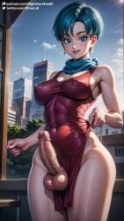 1futa abs ai_generated balls big_balls big_penis blue_eyes blue_hair breasts bulma_(dragon_ball) cock dick dickgirl dragon_ball dragon_ball_z full-package_futanari futa_only futanari hoop_earrings nightmare_fuel_ai nipples penis penis_under_dress perky_nipples red_dress short_hair solo solo_futa stable_diffusion uncensored veiny_penis