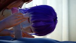 1boy 2girls 2girls1boy 3d animated ayane_(doa) blowjob collaborative_fellatio dead_or_alive deskchair double_fellatio fellatio female honey_select honoka_(doa) mp4 multiple_girls no_sound pink_hair purple_hair red_eyes tagme teamwork video