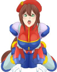 1girls ahe_gao android beret big_breasts breasts green_eyes hat iris_(mega_man) large_breasts light-skinned_female long_hair mega_man mega_man_x mega_man_x_dive open_mouth ponytail robot_girl solo tk tongue very_long_hair