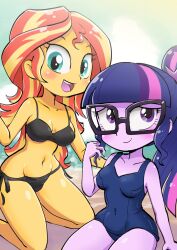 beach belly_button bikini blush clothes duo duo_female equestria_girls female glasses human k-nattoh looking_at_you my_little_pony one-piece_swimsuit open_mouth school_swimsuit sci-twi sitting smiling straight_hair suggestive sunset_shimmer swimsuit