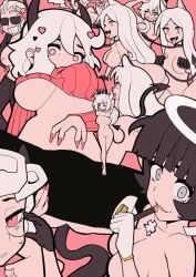 10girls 6+girls anus azazel_(helltaker) black_hair blue_eyes breasts cerberus_(helltaker) color colored demon demon_girl demon_horns demon_tail dog_ears edit edited helltaker justice_(helltaker) lucifer_(helltaker) malina_(helltaker) multiple_girls nude_female pandemonica_(helltaker) pussy red_eyes smile toranki_mj white_hair zdrada_(helltaker)