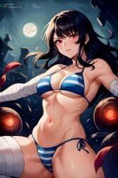 ai_generated bikini black_hair nagual-ui pointy_chin red_eyes striped striped_bikini