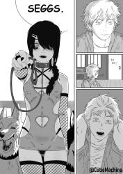 alternate_version_available black_and_white black_nails blush braid braided_hair camel_toe cameltoe canine chainsaw_man cutiemachina denji_(chainsaw_man) dogs fishnets hair_ornament hair_over_one_eye leash makeup nayuta_(chainsaw_man) pointing revealing_clothes sharp_teeth shocked shocked_expression twitter_username