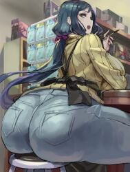 1girls ass blue_eyes blue_hair breasts clothed curvaceous dat_ass dumptruck_ass female female_only gundam gundam_build_fighters huge_ass huge_breasts iori_rinko jeans kazo large_breasts light-skinned_female light_skin long_hair mature_female milf mother smile solo sweater thick_thighs tight_clothing wide_hips