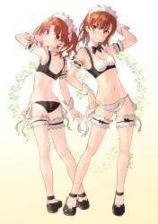 2020s 2023 2girls ass_visible_through_thighs bare_legs breasts brown_eyes brown_hair female full_body gluteal_fold maid maid_headdress matching_hair/eyes midriff misaka_mikoto navel raika9 shirai_kuroko short_hair small_breasts standing teenage_girl teenager to_aru_kagaku_no_railgun to_aru_majutsu_no_index young