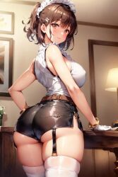 ai_generated alternate_color ass ass_focus atelier_(series) atelier_ryza atelier_ryza_3 bare_shoulders blush breasts brown_eyes brown_hair female from_behind garter_straps gloves hair_ribbon hairclip hat headdress huge_ass large_breasts looking_at_viewer looking_back maid maid_headdress open_mouth reisalin_stout shiny shiny_clothes shiny_hair shiny_skin short_hair short_shorts shorts sideboob smile solo thick_thighs thighhighs