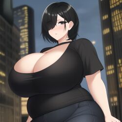 ai_generated big_belly black_eyes black_hair black_shirt breasts chubby city cleavage ember_blaine_(oc) expressionless fat female hair_over_one_eye huge_breasts jeans night plump short_hair stable_diffusion thick_thighs