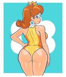 1girls ass bimbo blue_background blue_eyes brown_hair crown earrings female female_only flower hand_on_hip leotard looking_back luma_draws mario_(series) mario_and_sonic_at_the_olympic_games nintendo princess princess_daisy short_hair simple_background solo standing sweat tagme tan_body thick_thighs white_border