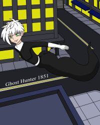 1boy anime_style bird's-eye_view city cityscape danny_fenton danny_phantom flying ghost ghost_tail ghosthunter1851(artist) green_eyes male male_only nickelodeon no_visible_genitalia plugsuit skin_tight skinny skintight solo teenager white_hair young