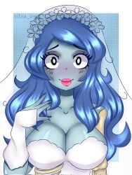 artist_name big_breasts black_eyes blue_hair blush border cleavage corpse_bride emily_(corpse_bride) lipstick long_blue_hair long_hair looking_at_viewer pink_lipstick ritsuowo_ tim_burton warner_brothers wedding_dress wedding_veil white_border zombie zombie_girl