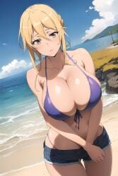 1girls ai_generated artist_request big_breasts bikini blonde_hair busty cleavage denim_shorts female female_only highschool_of_the_dead large_breasts legs looking_at_viewer navel purple_bikini shizuka_marikawa shorts solo thighs thong_bikini voluptuous yellow_eyes