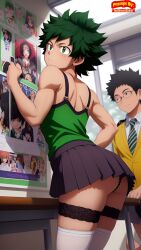 ai_generated classroom deku desk femboy feminine_male girly green_eyes green_hair izuku_midoriya leaning_on_desk male_only midoriya_izuku miniskirt my_hero_academia school_uniform thechronicgamer thighhighs trap upskirt white_skin