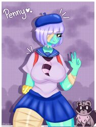 1female armless big_breasts brawl_stars clothed female female_only hand_gesture looking_at_viewer miniskirt penny_(brawl_stars) raccoon ritsuowo_ school_uniform smiling_at_viewer trash_panda_penny v_sign zombie_girl