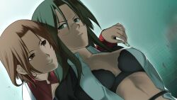 2girls angry arms_behind_back asougi_rin big_breasts black_bra blood bondage bondage bound bra breasts brown_eyes brown_hair busty chair chuuou_higashiguchi cleavage female female_only glasses green_eyes green_hair highres imminent_torture large_breasts long_hair mature mature_female mature_woman mnemosyne multiple_girls office_lady official_art open_clothes open_shirt parted_lips piercing short_hair smile tied_to_chair underwear voluptuous yamnobe_sayara