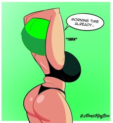 1girls 2023 ass atomickingboo dialogue green_hair green_theme hair large_breasts moni_peiper nude original panties speech_bubble tagme text thong white_border