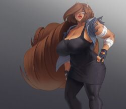 bandaged_arm big_breasts brown_hair coolerinker dark-skinned_female dark_skin extremely_long_hair eyelashes fingerless_gloves gloves hand_on_hip hi_res horns inker_comics inkershike leggings liz_(inkershike) long_hair muscular_female original original_character simple_background slim_waist thick_lips voluptuous wide_hips