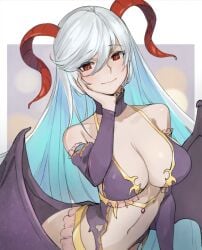 1girls alternate_costume blue_hair blush breasts choker cleavage commission cosplay crossover demon_wings fate/grand_order fate_(series) female female_only fire_emblem fire_emblem_heroes freyja_(fire_emblem) gold_trim grey_hair horns irisviel_von_einzbern irisviel_von_einzbern_(halloween_princess) irisviel_von_einzbern_(halloween_princess)_(cosplay) large_breasts long_hair looking_at_viewer masato_(mirai_koubou) medium_breasts multicolored_hair navel nintendo purple_choker red_eyes revealing_clothes skeb_commission solo succubus succubus_wings wings