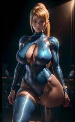 ai_generated big_areola big_ass big_breasts big_butt big_nipples blonde_hair blush bodysuit cleavage cleavage_cutout depth_of_field highres huge_ass huge_breasts huge_butt huge_thighs metroid nintendo nipple_bulge partially_transparent pinup_pose posing realistic samus_aran seductive_eyes seductive_look single_female skin_tight solo solo_female stable_diffusion thick_ass thick_thighs wide_hips zero_suit zero_suit_samus