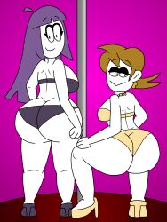 2023 2girls ass bedroom_eyes big_ass big_butt blonde_hair fat_ass fat_butt female female_only high_heels huge_ass j1mb0starl1ght jaune_(spooky_month) lila_(spooky_month) looking_at_viewer milf milfs mother necklace panties pink_background pole pole_dancing purple_clothing purple_hair smile spooky_month sr_pelo thick_thighs white_body white_skin wide_hips