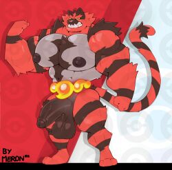 anthro balls bara bara_tits big_balls big_pecs big_penis black_fur felid feline flexing furry grey_fur incineroar male male_only merong muscles muscular nintendo penis pokemon red_fur solo solo_male