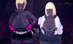 2girls big_breasts blonde_hair blue_eyes dark-skinned_female dark_skin daughter green_eyes huge_breasts koikatsu lulu_douji_(noir-black-shooter) mother mother_and_daughter noir-black-shooter oc original original_character original_characters satori_douji_(noir-black-shooter)