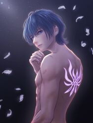 back_tattoo blue_eyes byleth_(fire_emblem) byleth_(fire_emblem)_(male) completely_nude crest_(fe3h) fire_emblem fire_emblem:_three_houses male male_only muscular muscular_male nintendo nude nude_male short_hair tattoo teal_hair wrainbow