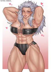 1girls abs armpits arms_behind_head arms_up big_breasts blush bra breasts cheekie0 cleavage collarbone dorohedoro earrings female_only grin large_breasts leather_bottomwear leather_topwear light-skinned_female light_skin long_hair looking_at_viewer muscular_female navel noi_(dorohedoro) red_eyes smile solo stomach sweat thick_thighs twitter_username white_hair wide_hips