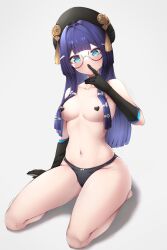 absurdres areola_slip black_gloves black_headwear black_panties blue_eyes blue_hair blush female finger_to_mouth glasses gloves heart_pasties highres honkai:_star_rail honkai_(series) long_hair mihoyo navel panties pasties pela_(honkai:_star_rail) shironagase simple_background solo thighs underwear white_background