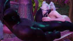 3d 3d_(artwork) after_fellatio after_sex blowjob blue_eyes cum cum_in_mouth cum_on_face cumshot dark-skinned_male dark_skin elf elf_ears elf_female fellatio female human interracial justicaralb male night_elf oral oral_sex pointy_ears sex warcraft white_hair world_of_warcraft