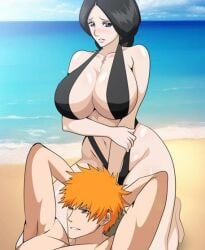 1boy 1boy1girl 1girls age_difference arm_under_breasts arms_behind_head beach big_breasts black_hair bleach chest_scar cleavage embarrassed female huge_breasts ichigo_kurosaki kneeling lap_pillow large_breasts lying_down lying_on_back lying_on_person male mature mature_female milf older_female older_woman_and_teenage_boy older_woman_and_younger_boy orange_hair outdoors revealing_swimsuit scar seaside swimsuit unohana_retsu voluptuous younger_male yxyyxy