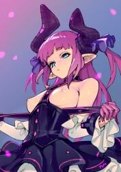 1girls bare_shoulders between_breasts black_dress blue_eyes blush breasts breasts_out claws clothes_pull corset detached_sleeves dragon_horns dress dress_pull elizabeth_bathory_(fate) fate/extra fate/extra_ccc fate/grand_order fate_(series) female frills horns light-skinned_female nipples no_bra optionaltypo pink_hair pointy_ears skirt small_breasts solo underboob