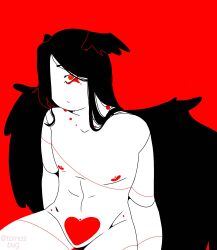 alternate_version_available black_hair blood censored censored_pussy convenient_censoring countryhumans countryhumans_girl countryhumans_oc female female_only gore guro heart long_hair markings red_background red_eyes white_body white_skin wings