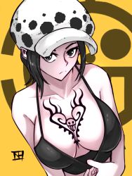 big_breasts black_eyes black_hair canon_genderswap cleavage female female_only frown genderswap_(mtf) hat headwear high-angle_view looking_at_viewer no_bra one_piece pale-skinned_female pale_skin rule_63 shiku_shiku_no_mi short_hair shounen_jump solo tank_top tattoo tattoos trafalgar_law trafalgar_law_(female) upper_body yellow_background