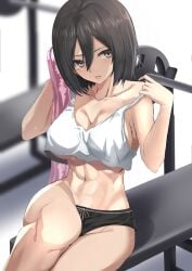 1girls 2021 abs attack_on_titan bench_press black_hair blurry_background blush breasts cleavage collarbone crop_top eren_jaeger female female_only grey_eyes hair_between_eyes kesoshirou medium_breasts midriff mikasa_ackerman navel parted_lips shingeki_no_kyojin short_hair shorts simple_background sitting solo solo_female sweat sweaty_body tank_top toned towel underboob workout workout_clothes