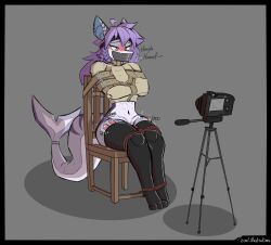 1girls anthro artist_name being_recorded blush bondage bound camera duct_tape duct_tape_gag female female_only fish gag hi_res marine massive_tail midriff onomatopoeia purple_body purple_hair questionable_consent restraints rope rope_bondage sex_toy shark shark_girl shark_humanoid shark_tail solo straight_legs straitjacket tape tied_to_chair vibrator zoul_illustration