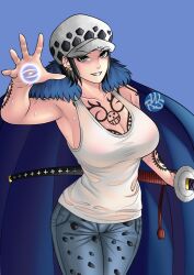 big_breasts black_hair blue_background canon_genderswap chest_tattoo cleavage cowboy_shot female female_only fully_clothed fur_collar genderswap_(mtf) grin hourglass_figure jeans katana no_bra one_piece rear_view rule_63 ryawise shiku_shiku_no_mi short_hair shounen_jump sideboob smile solo sweat sword tank_top tattoo tattoos trafalgar_law trafalgar_law_(female) weapon wide_hips