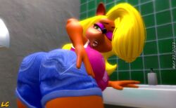 3d 3d_(artwork) anthro anthro_only bandicoot bathroom bent_over big_ass big_breasts big_butt blonde_hair clothed clothing female female_only fully_clothed huge_ass huge_breasts huge_butt indoors jean_shorts lipstick looking_back lwd_cartoonz makeup one_eye_closed open_mouth orange_fur pink_mascara presenting_ass presenting_hindquarters short_sleeves shorts sink tawna_bandicoot thick_legs thick_thighs tight_clothing tshirt