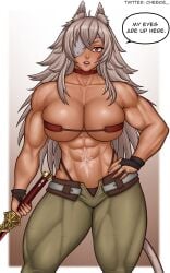 1girls abs animal_ears big_breasts breasts cat_ears cat_tail catgirl cheekie0 choker collarbone dark-skinned_female dark_skin english_text eyepatch facial_scar female_only ghislaine_dedoldia jewelry large_breasts long_hair looking_at_viewer muscular muscular_female mushoku_tensei navel pants parted_lips red_eyes ring scar scar_on_face scar_on_stomach silver_hair skindentation solo stomach strapless strapless_bra sword tail text thick_thighs tight_pants tomboy twitter_username weapon white_background wide_hips